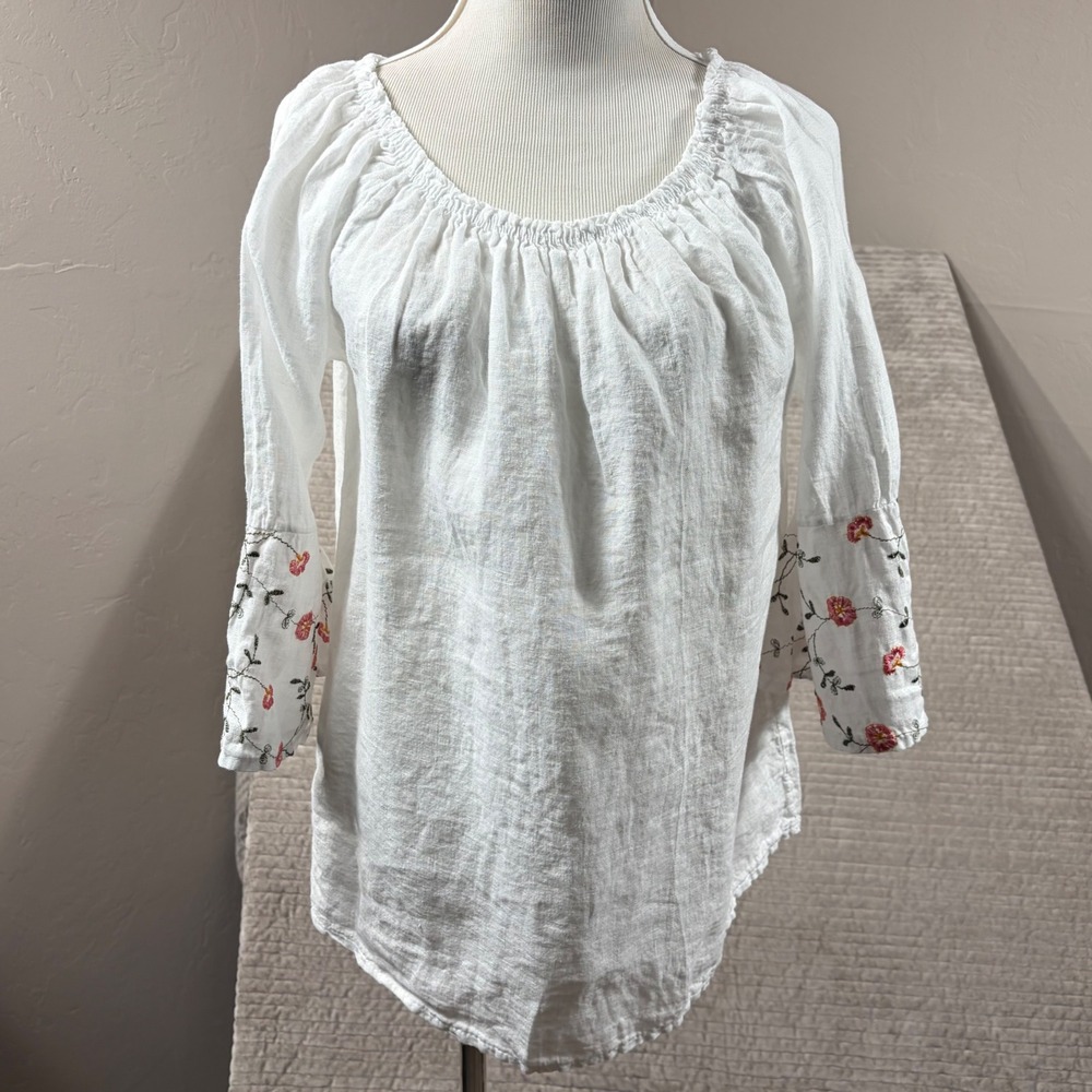 Viola Borghi White Linen Floral Embroidered Bell Sleeve Peasant Blouse Italy M